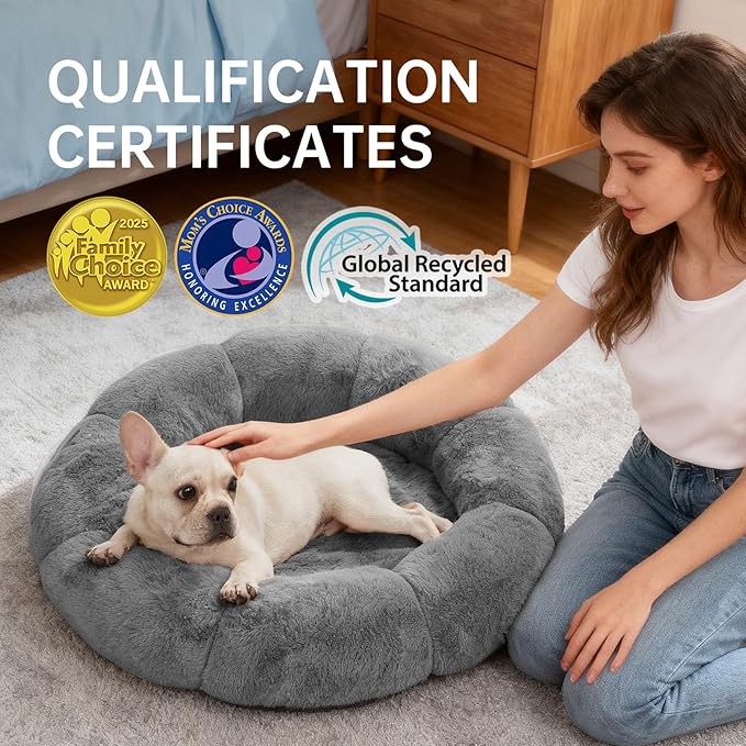 OhGeni 31 inches Calming Donut Orthopedic Dog & Cat Bed for Medium Pets, Warming Comfort Fluffy Short Pile Fur, Durable Waterproof Machine Washable Removable Cover, Round Bed for Puppy, Dark Gray