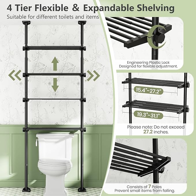 No-Drill Over Toilet Storage Shelf - 4-Tier Adjustable Bathroom Organizer