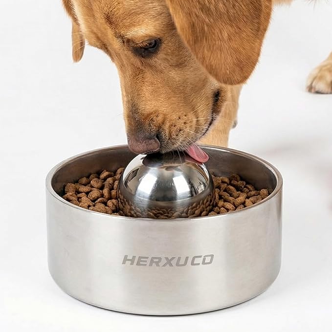 Stainless Steel Dog Slow Feeder – 2-in-1 Pet Bowl 42oz & Slow Feeder Ball 3in – Spherical Design Slows Eating & Use Separately or Together (Medium)