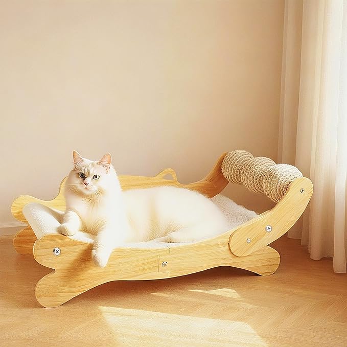 3-in-1 Cat Scratcher Bed for Indoor Cats Sisal Scratcher & Hammock Lounge with Solid Wooden Perch, No-Tip Stable Base for Large Cats, Durable Cat Scratch Pad & Cat Furniture (Easy Assembly)