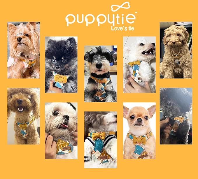 Puppytie No Pull xs Dog Harness with Multifunction Dog Leash,Soft Adjustable No Choke Escape Proof Pet Harness Vest,Suede Bow Yellow,XS