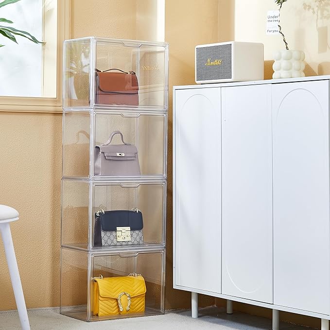Clear Storage Bins with Lids, 5 Pack Acrylic Display Case with Magnetic Door for Cosmetic Collectibles Large Figures Models, Stackable Acrylic Storage Box for Home Office Living Room Dorm