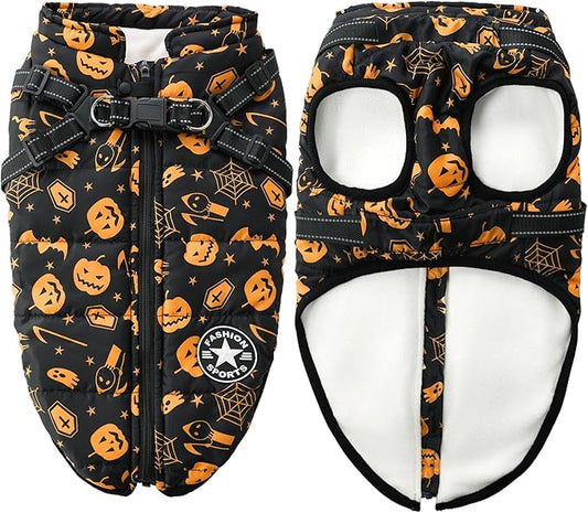 Aiboria Winter Dog Coat Windproof Fleece Jacket with Chest Strap Dog Vest Harness Halloween Black L