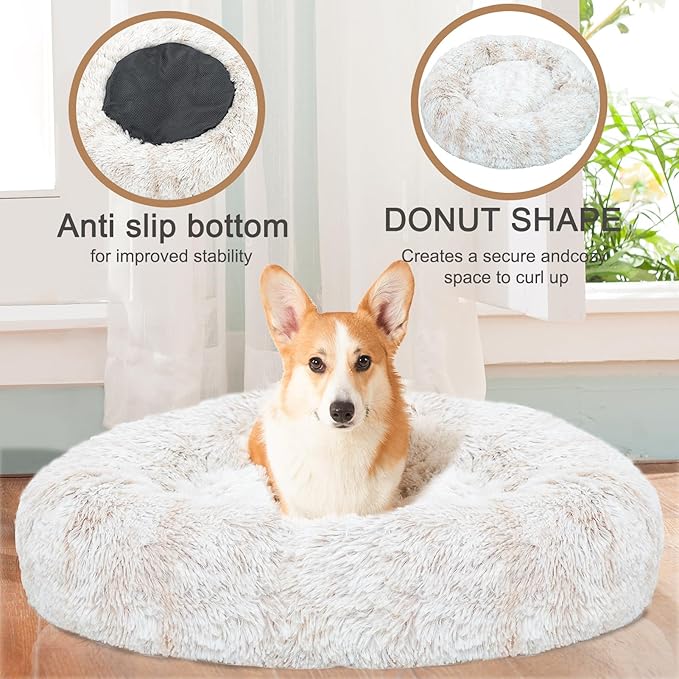 JOYELF Donut Dog Bed Cat Bed for Medium Dogs, Calming Pet Bed Ultra Soft Faux Fur Cuddler Round Self Warming Sleeping Bed for Dogs and Cats