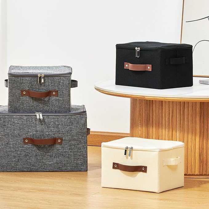 Storage Bins with Zipper Lid Cotton Linen Fabric Lidded Storage Baskets Boxes Foldable Washable Closet Shelf Clothes Organizer Container with PU Leather Handles (Gray, Small Size)
