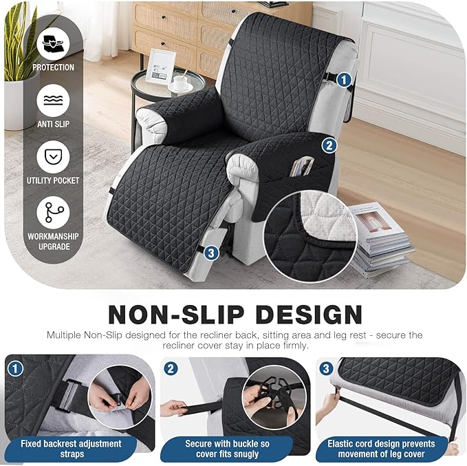 TAOCOCO 100% Waterproof Recliner Cover - Recliner Cover with Non-Slip Granule, Recliner Chair Covers with Elastic Band, Recliner Chair Covers for Reclining Chair(Black, Large-28'')