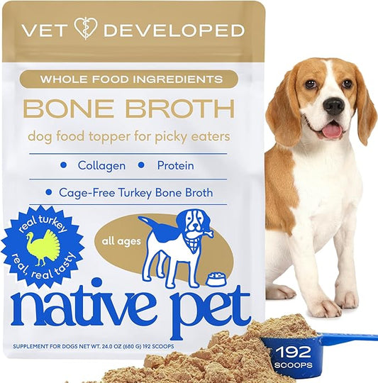 Native Pet Bone Broth for Dogs and Cats - Turkey Bone Broth Powder Dog Food Toppers for Picky Eaters - Provides Extra Nutrition for Joint Strength, Immune Support & Heart Health - 192 Scoops