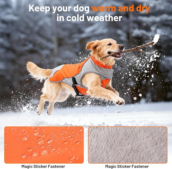 Warm Dog Cold Weather Coats - Waterproof Dog Winter Clothes with Reflective Straps, Adjustable Buckle & Leash Hole for Poodle, Dachshund,Border Terrier, Yorkshire Terrier，Orange & Gray M