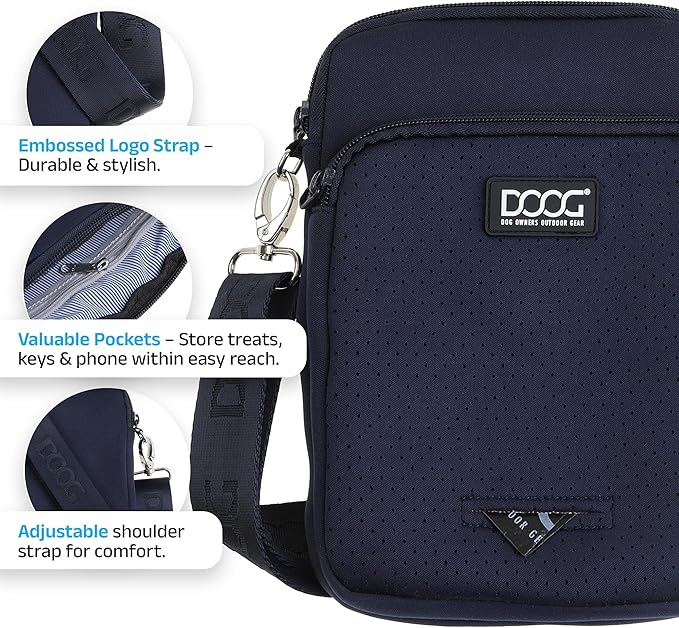 DOOG Walkie Bag - Adjustable Dog Treat Pouch Shoulder Bag with Poo Bag & Water Bottle Compartments - Comfort Fit for Everyday Use