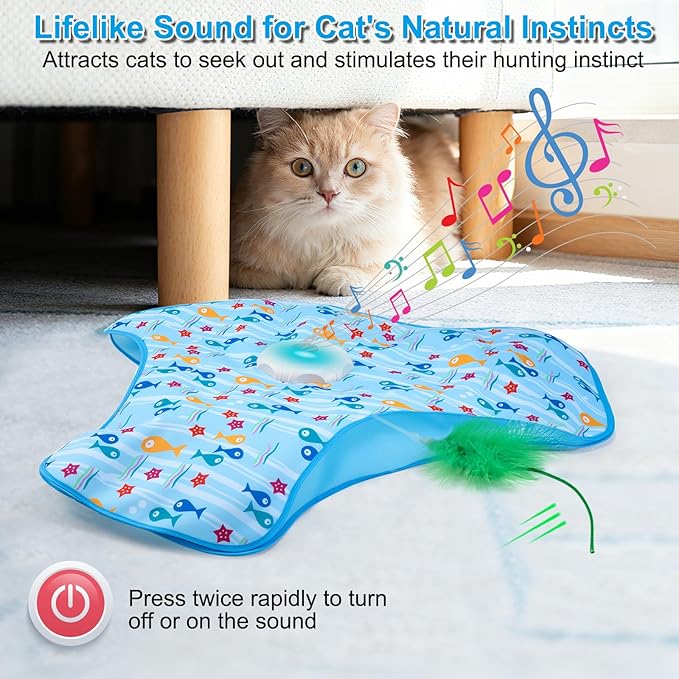 Interactive Cat Toy for Indoor Cats, Automatic Hide and Seek Motion-Activated Cat Toy with Moving Feather & Animal Chirps, USB Rechargeable Electric Cat Enrichment Toy for Bored Adult Cats & Kittens