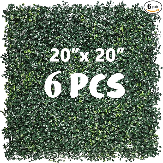 6PCS 20"x 20" Artificial Boxwood Wall Panels, UV-Anti Grass Wall Hedge Plant Panels for Indoor Outdoor Green Wall Decor Ivy Fence Covering Privacy