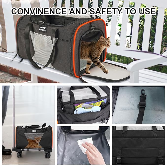 Cat Carrier with Wheels – Airline Approved Pet Travel Backpack, Soft-Sided Collapsible Rolling Carrier for Cats and Small Dogs, Expandable Top Loading Ventilated Design, Black