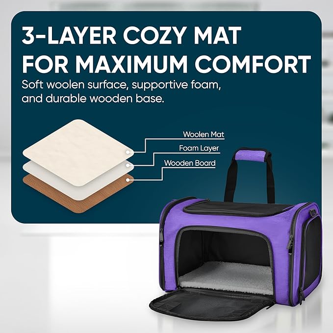 Pet Travel Carrier Bag – Airline Approved Soft-Sided Dog & Cat Carrier, Foldable, Breathable Mesh, Washable Pad – Fits Pets up to 15 lbs – The Pup Quartet (Purple)