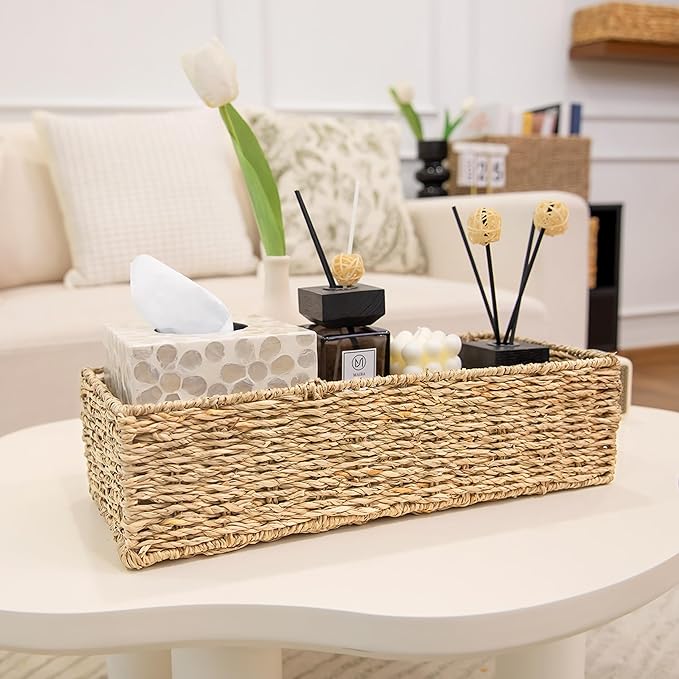 2-Pack Handwoven Seagrass Storage Baskets, Wicker Bins for Pantry Organization, Shelf or Closet Organizer, Decorative Boho Rectangular Basket 15.7" x 6.7"
