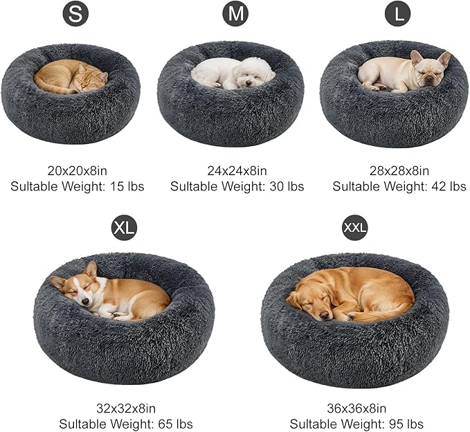 Dog Calming Beds for Small Medium Large Dogs - Round Donut Washable Puppy Dog Bed, Anti-Slip Faux Fur Fluffy Donut Cuddle Anxiety Cat Pet Bed(20" Dark Grey)