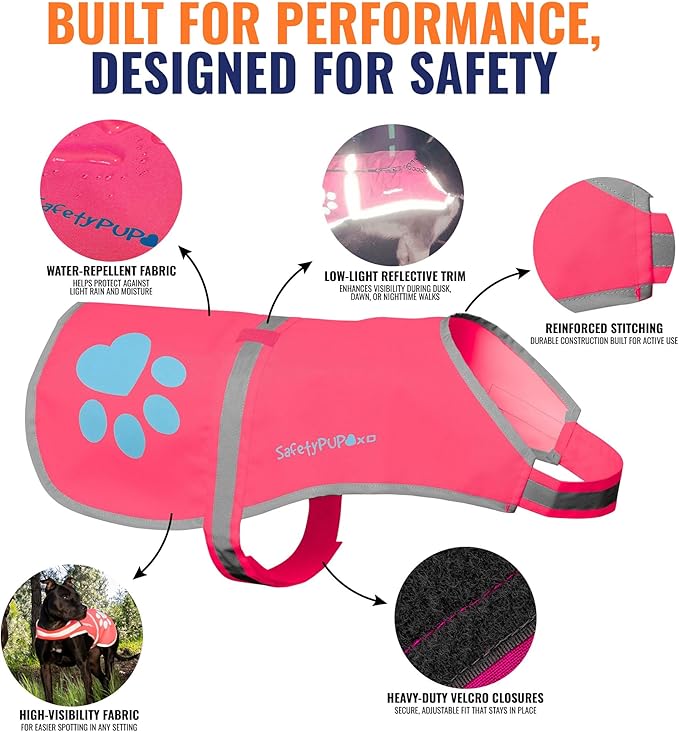 SafetyPUP XD Dog Reflective Vest – Hi-Vis Fluorescent Visibility That Helps to Safeguard Your Pet On/Off Leash in Urban & Rural Areas (Pink, Small)