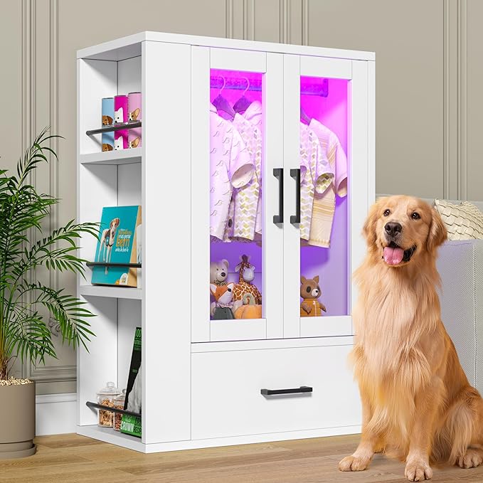 Semoic Wooden Dog Closet with LED Lights, Pet Wardrobe Organizer | Storage Cabinet for Dog & Cat Clothes, Toys, Food | Multi-Use Furniture, White