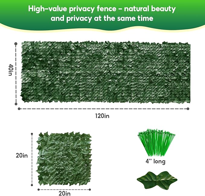 Artificial Ivy Privacy Fence Screen, 120x40 inch Artificial Hedge Grass Wall，Faux Ivy Fence Privacy Screen，Decoration for Patio, Balcony, Garden, Backyard Indoor Outdoor Decor