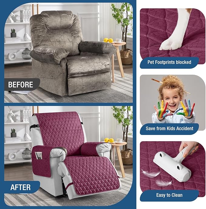 TAOCOCO 100% Waterproof Recliner Cover - Recliner Cover with Non-Slip Granule, Recliner Chair Covers with Elastic Band, Recliner Chair Covers for Reclining Chair(Wine, Large-28'')