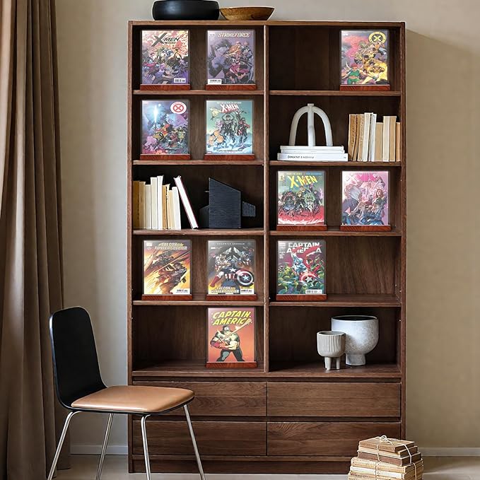 Comic Book Storage Holder，Wood Comic Book Case with three acrylic dividers，Acrylic Comics Book Box，Bin & Organizer，Stores Up To 150 Comics (Brown)