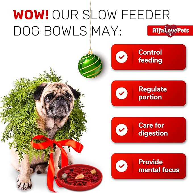 Slow Feeder Dog Bowls – Bowl with Christmas Design – Red Lick Mat for Dogs – Dog Food Bowl – Safe Silicone Material – for Dogs Using – Bowl Mat by Alfa Love Pets
