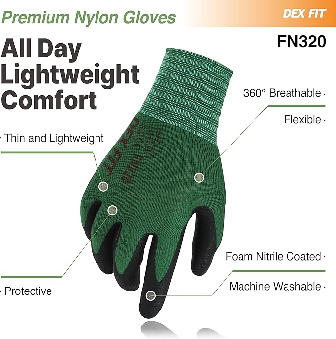 DEX FIT Premium Nylon Nitrile Work Gloves FN320, 3 Pairs, 3D-Comfort Stretchy Fit, Firm Grip, Thin & Lightweight, Durable, Breathable & Cool, Machine Washable; Forest Green 9 (L)