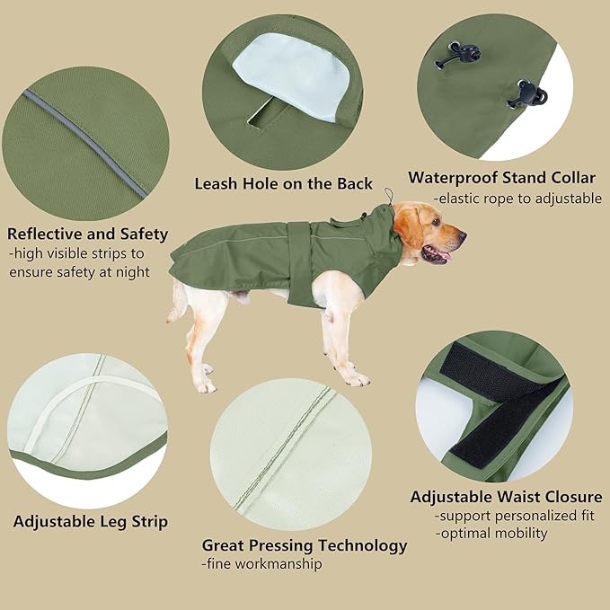 Adjustable Waterproof Dog Raincoat for Dogs,Lightweight Pet Rain Jacket Puppy Clothes with Reflective Strip for Small Medium Large Dogs (Army Green, XXX-Large)