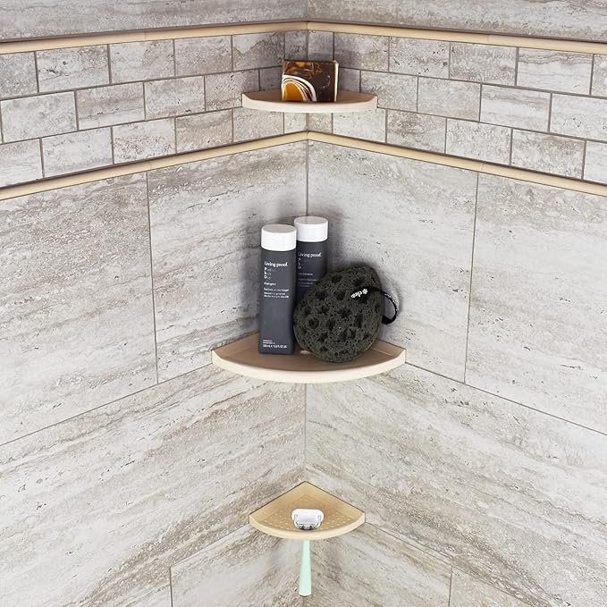 Questech 10" Corner Shower Shelf - Lugged for New Construction, Shower Organizer for Tiled Walls, Corner Caddy Soap Dish Bathroom Storage, Metro Lugged, Sand Matte