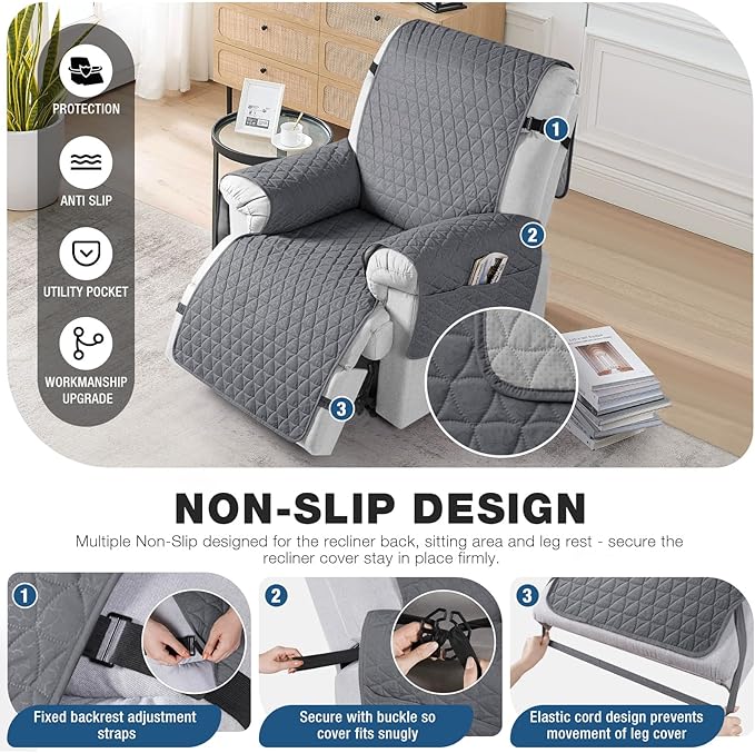 TAOCOCO 100% Waterproof Recliner Cover - Recliner Cover with Non-Slip Granule, Recliner Chair Covers with Elastic Band, Recliner Chair Covers for Reclining Chair(Dark Grey, Medium-25'')