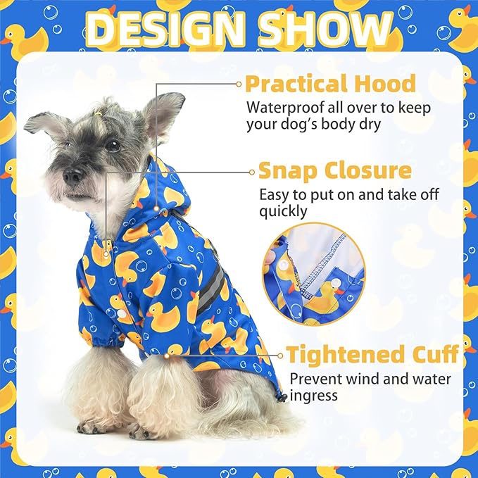 PUPTECK Dog Raincoat with Hood & Harness Built-in, Waterproof Dog Rain Jacket Slicker Poncho Reflective Vest Clothes for Rainy Snowy Winter Cold Days, Blue Duck XS