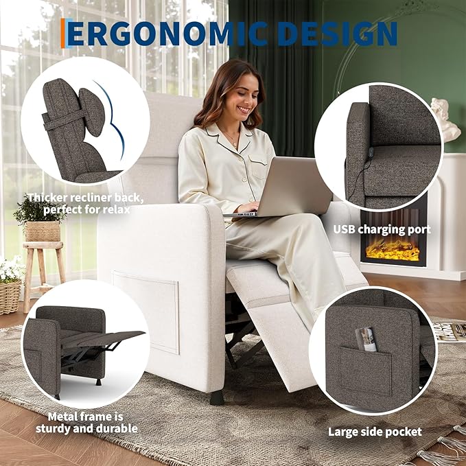 GarveeHome Electric Recliner Chair Living Room Power Recliner Adjustable Backrest & Footrest with Side Pockets & Charging Ports & Lumbar Support(Brown)