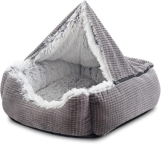 MIXJOY Dog Beds for Large Medium Small Dogs, Rectangle Cave Hooded Blanket Puppy Bed, Luxury Orthopedic Cat Beds for Indoor Cats, Warmth and Machine Washable (30 inches, Grey)
