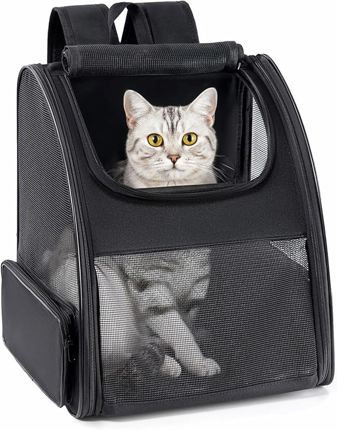Cat Backpack Carrier for Small Dogs and Cats Fit Up to 15 Lbs,Small Dog Backpack, Expandable & Foldable with 3-Side Mesh Windows, Pet Carrier for Travel & Hiking Friendly，Black