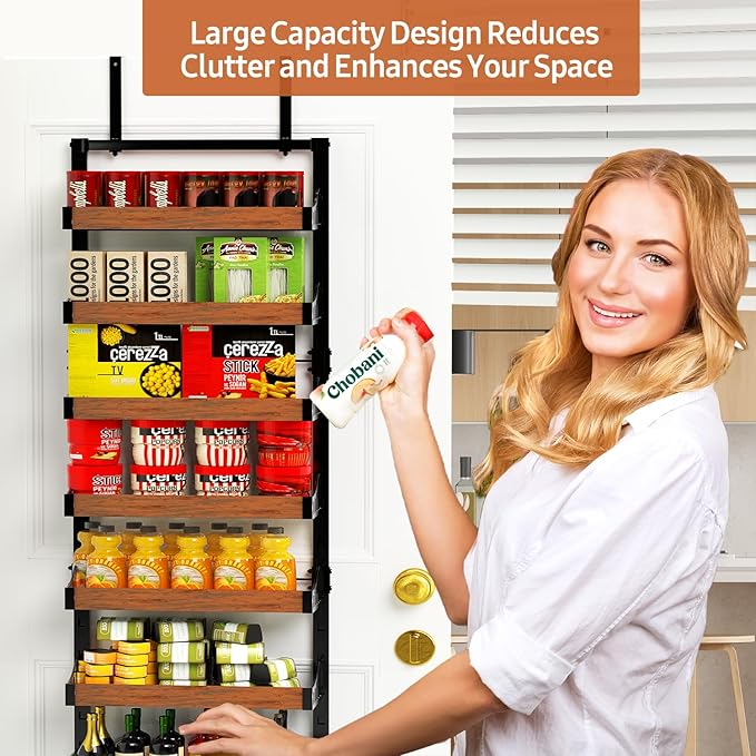 Over the Door Pantry Organizer: Pantry Organization and Storage with Hanging Basket - 9-Tier Metal Spice Rack Adjustable Shelves for Kitchen Bedroom Bathroom & Laundry Room Black