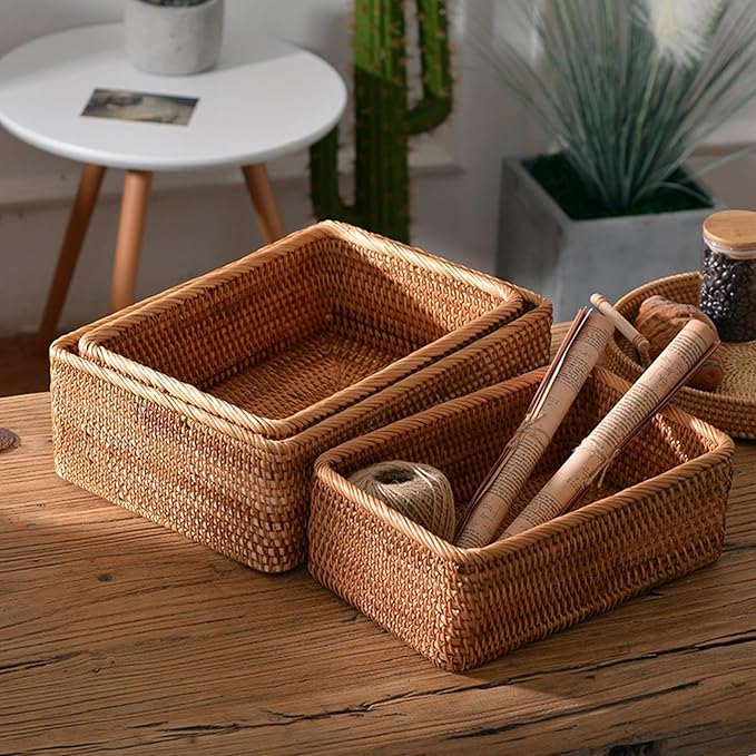 ZENFUN 3 Pack Natural Rattan Storage Baskets, Rectangular Woven Fruit Baskets for Decor, Handmade Woven Nesting Bread Baskets for Organizing, Serving, for Kitchen, Home, 3 Sizes