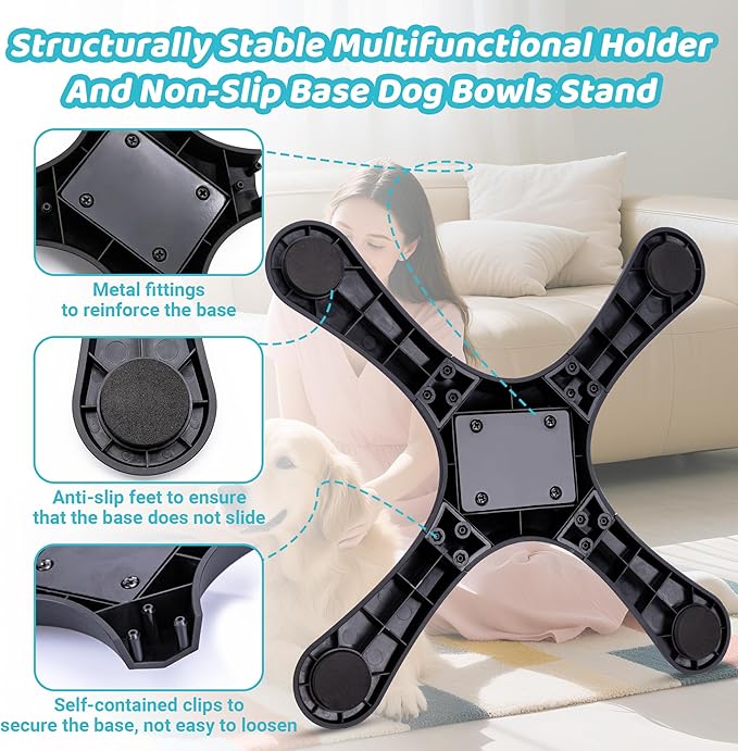 Elevated Dog Bowl (Not Bowl Included), Adjustable Stand Heights & Width, Non-Slip Foot Mats, Tilting Raised Dog Bowls with Metal Knob for Small, Medium & Large Dogs Breed (2 Pack), Black