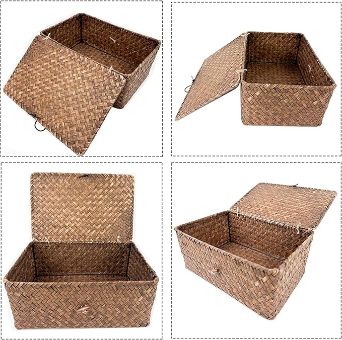 Wicker Storage Baskets with Lid, Set of 2 Handwoven Seagrass Household Organizer Basket Bins Decorative Boxes Storage Containers for Shelves Drawers Desk Closet Pantry Playroom Classroom