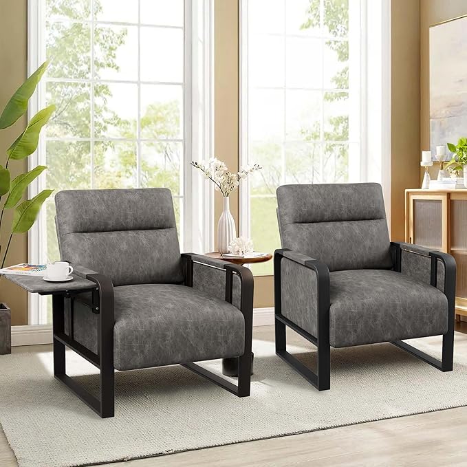 Modern PU Leather Accent Chairs Set of 2 Upholstered Armchairs with Tray Table Leisure Side Chairs for Living Room Bedroom Office Grey