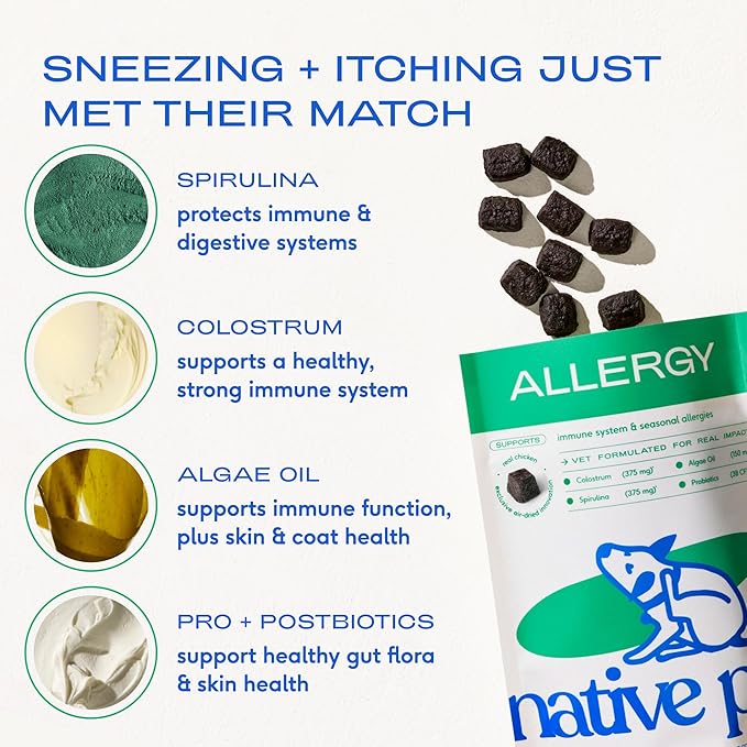 Native Pet Dog Allergy Chews - Dog Allergy Relief for Small Breeds - Supports Seasonal Itch Relief, Healthy Immune Function & Reduces Sneezing - Colostrum, Spirulina, & Probiotics - 30 Days Supply