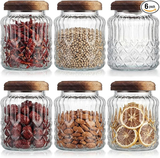 6 Pack Vintage Glass Jars with Wooden Lids 33.8 oz Airtight Glass Canisters Storage Containers Large Food Canisters for Pantry Coffee Spice Grains Tea Sugar Flour Kitchen(Fine Floral)