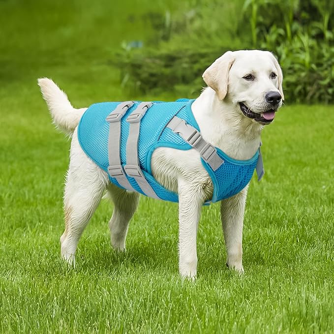 Kuoser Cooling Vest for Dogs, Large Cool Shirt for Dog, Pet Ice Jacket with Reflective Stripe, Doggie Beach & Summer Essentials Blue XL