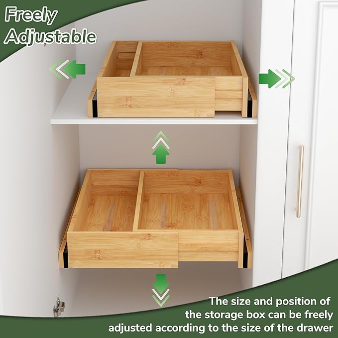 BAMEOS Expandable Pull-Out Cabinet Organizer – 14" to 20" Adjustable Width, Soft-Close Drawers for Kitchen, Pantry, Bathroom & Under Sink, 2-Pack Wooden Storage, 21" Depth, 66 lbs Capacity