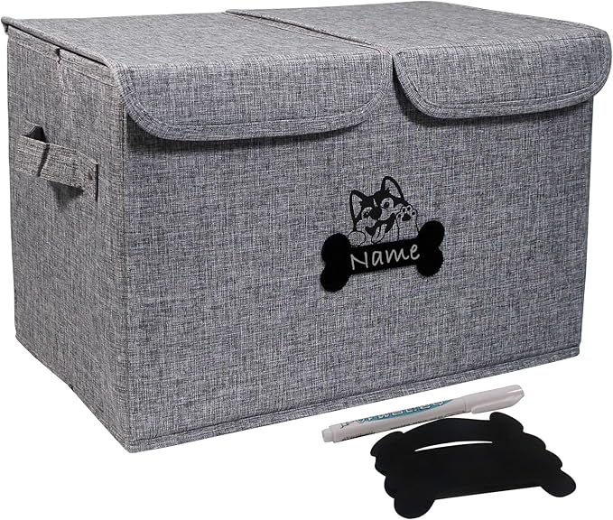 Large Dog Toy Bin-Pet Toys Storage Box-Fabric Storage Bin with Lid-Collapsible Dog Toy Organizer,Dog Toy Basket -Chew Proof Dog Bin-Can be Personalized-Gray