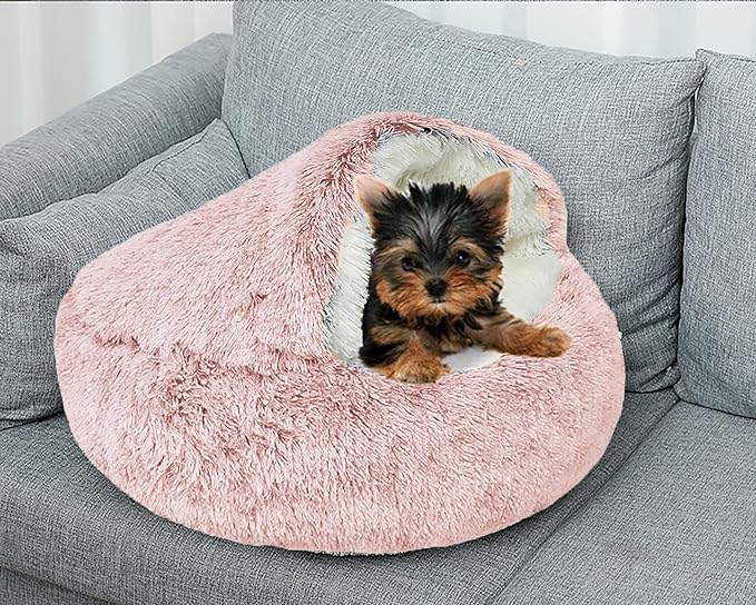 Dog Cave Bed for Small Dogs Cats Pets, Anti Anxiety Calming Plush Dog Beds, Fluffy Covered Hooded Cozy Burrow Puppy Beds, Anti-Slip Bottom Washable Pet Sleeping Bag (20" D, Pink)