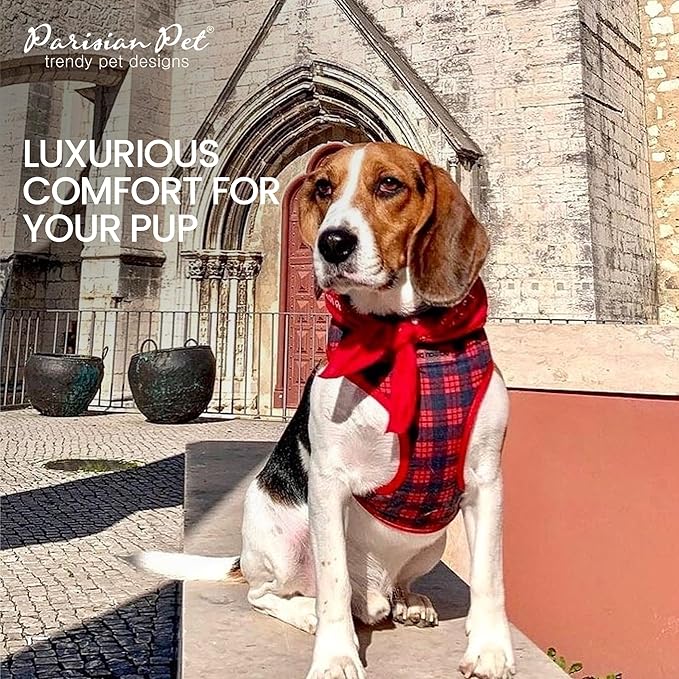Parisian Pet Dog Harness - Adjustable Plaid Red Dog Vest Harness - 100% Mesh Fabric No Pull Puppy Harness - Cooling Dog Harness for Large Dogs - Idle for Walking, Running, and Hiking - XL