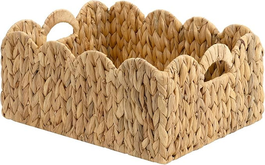 StorageWorks Scalloped Water Hyacinth Baskets, Hand-woven Rattan Baskets with Built-in Handles, Cute Baby Basket for Nursery, Basket for Organizing and Decor, 16½"L x 13"W x 7½"H