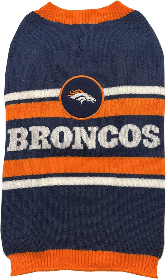 NFL Denver Broncos Dog Sweater, Size Large. Warm and Cozy Knit Pet Sweater with NFL Team Logo, Best Puppy Sweater for Large and Small Dogs
