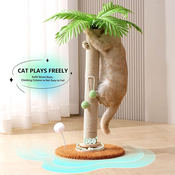 Cat Scratching Post Cat Tree, 32'' Tall Cute Palm Cat Scratcher Tower with Durable Solid Wood Turntable Toy, Sisal Rope Cat Scratcher Post with Interactive Ball for Indoor Adult Cats Climb Play