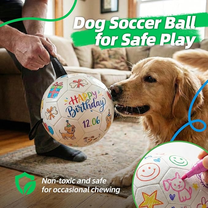 HETOO Dog Soccer Ball with Straps, DIY Paintable Dog Toy Ball Kit with 8 Color Markers,Personalized Interactive Dog Toys for Small Medium Dogs Puppies,6 Inch Birthday Gift Pet Toy