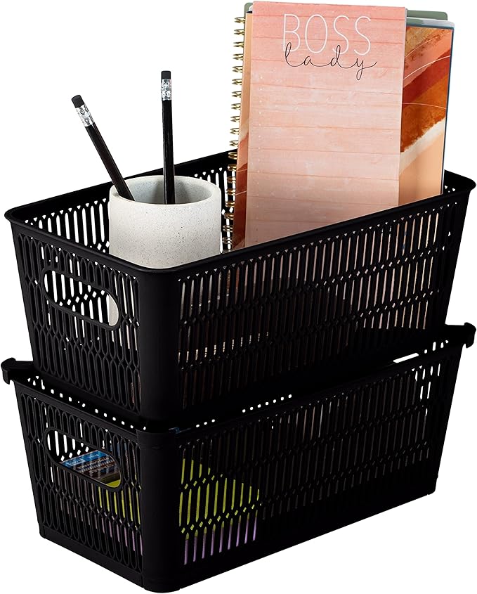 Simplify 4Pk Small Slide 2 Stack It Tote Basket | Storage & Organization | Open Bins with Stackable Capability | Bathroom | Crafts | Pantry | Playroom | Office | Black (KIT-25934-BLACK-4PK)